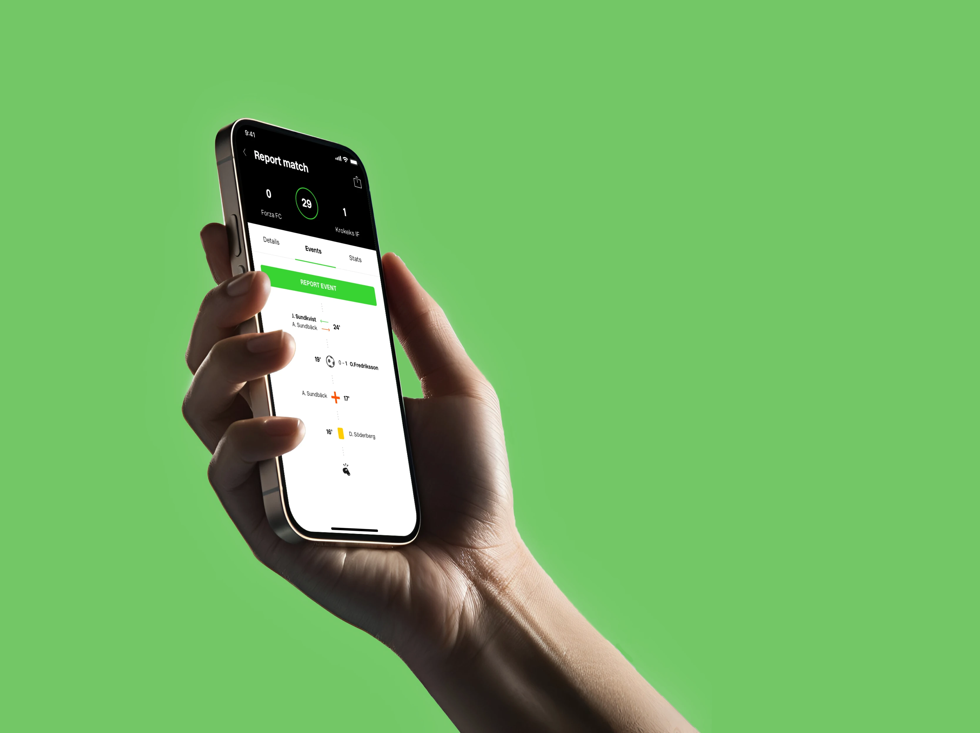 Hand holding iPhone displaying the Forza Reporter app